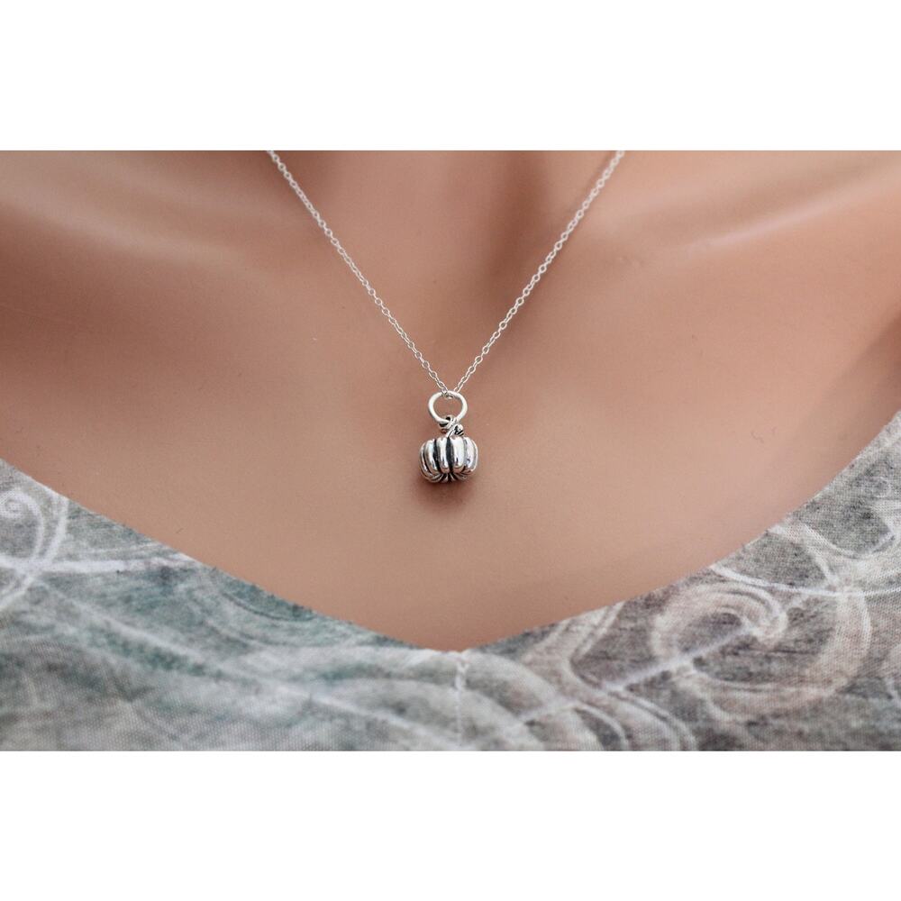 Sterling Silver Pumpkin Charm Necklace, Sterling Silver Pumpkin Pendant Necklace